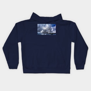 Seagull bird flying over a cloudy blue sky Kids Hoodie